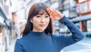 和風の街並みでニットを着て敬礼する人物