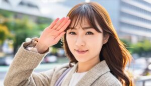 街中でベージュのジャケットを着て敬礼する人物