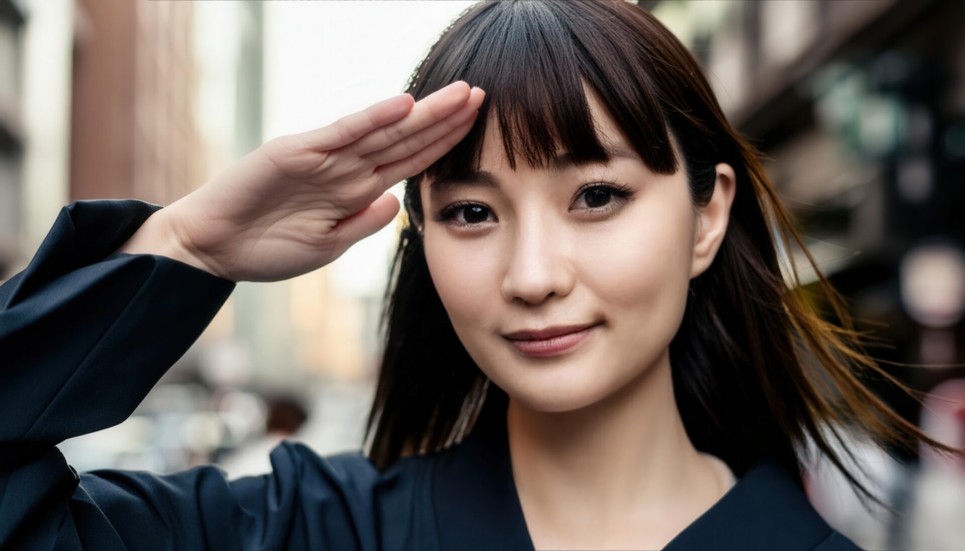 街中で黒いスーツを着て敬礼する人物