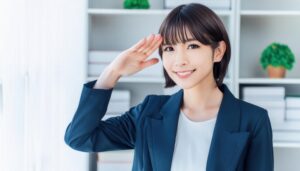 オフィスでネイビーのジャケットを着て敬礼する人物