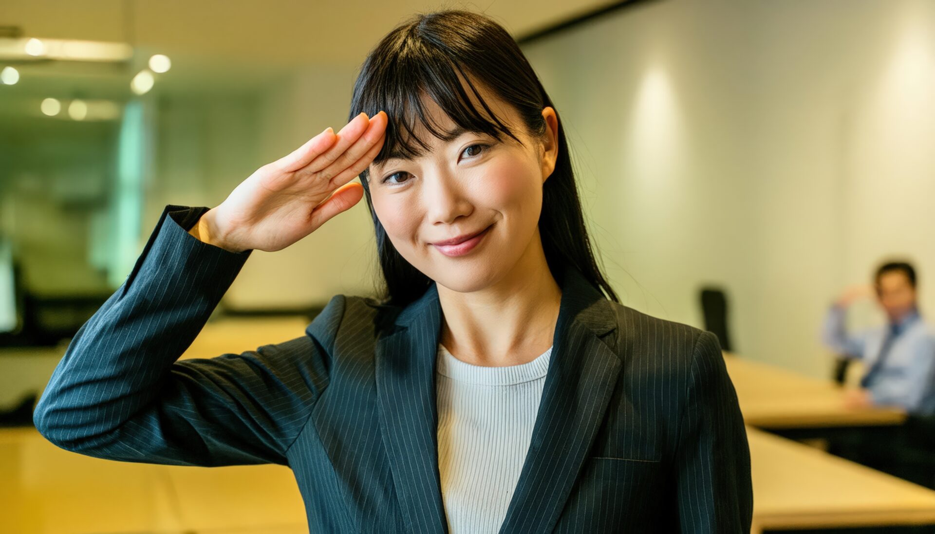 オフィスでダークスーツを着て敬礼する人物