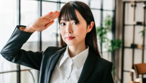 オフィスで黒いジャケットを着て敬礼する人物