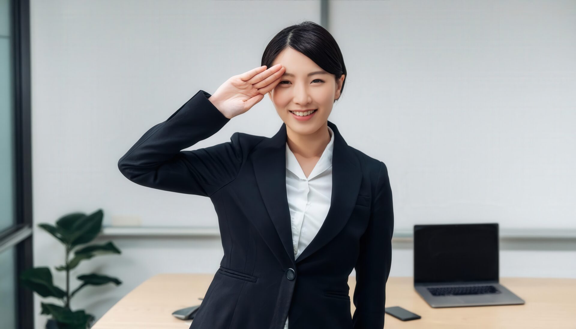 オフィスで黒いスーツを着て敬礼する人物