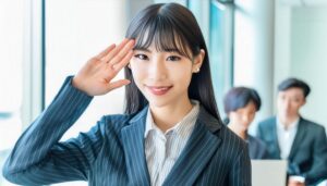 窓際でストライプのスーツを着て敬礼する人物