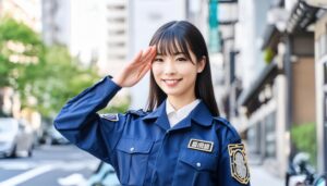 街中で青い警察制服を着て敬礼する人物