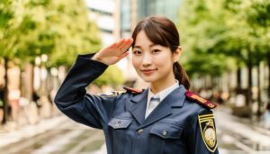 街路で青い警察制服を着て敬礼する人物