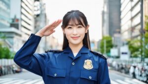 ビル街で青い警察制服を着て敬礼する人物