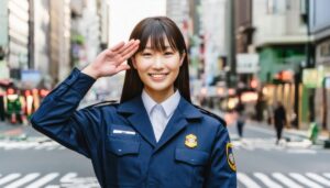 都心で青い警察制服を着て敬礼する人物