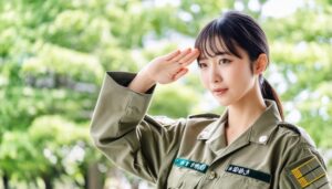 緑の軍服を着て敬礼する人物