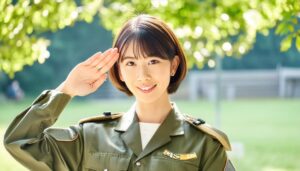 屋外で緑の軍服を着て敬礼する人物