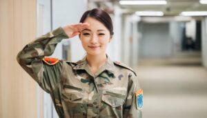 室内で迷彩柄の軍服を着て敬礼する人物