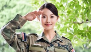 屋外で迷彩柄の軍服を着て敬礼する人物