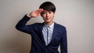 室内で青いスーツを着て敬礼する人物