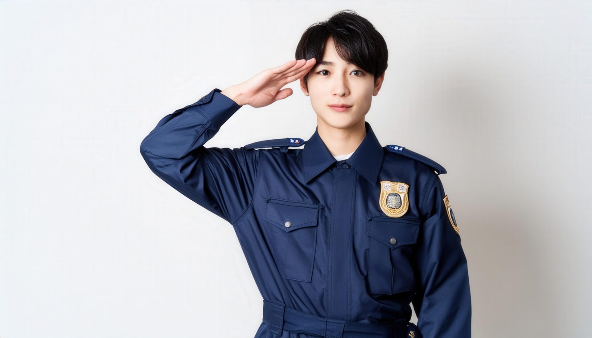 白背景で青い警察制服を着て敬礼する人物