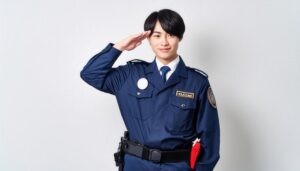 白背景でネイビーの警察制服を着て敬礼する人物