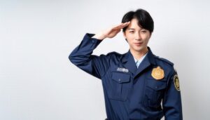 白背景で警察制服を着て敬礼する人物