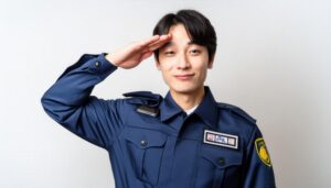 白背景で敬礼ポーズをとる警察官