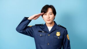 青背景で敬礼する警察官