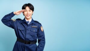青背景で敬礼ポーズをとる警察官