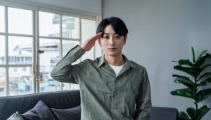 リビングで敬礼する男性