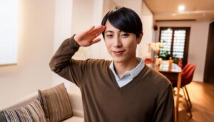 リビングで敬礼する男性