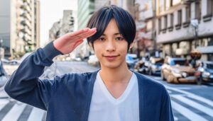 街中で敬礼する男性