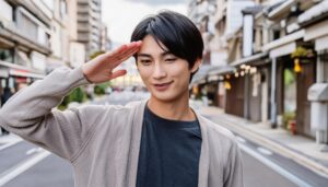 街中で敬礼する人物