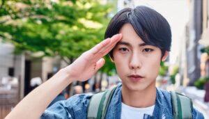 街中で敬礼する若い人物
