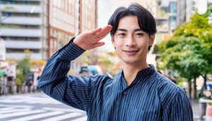 街中で敬礼ポーズをとる人物