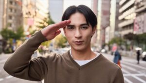 街中で敬礼する人物