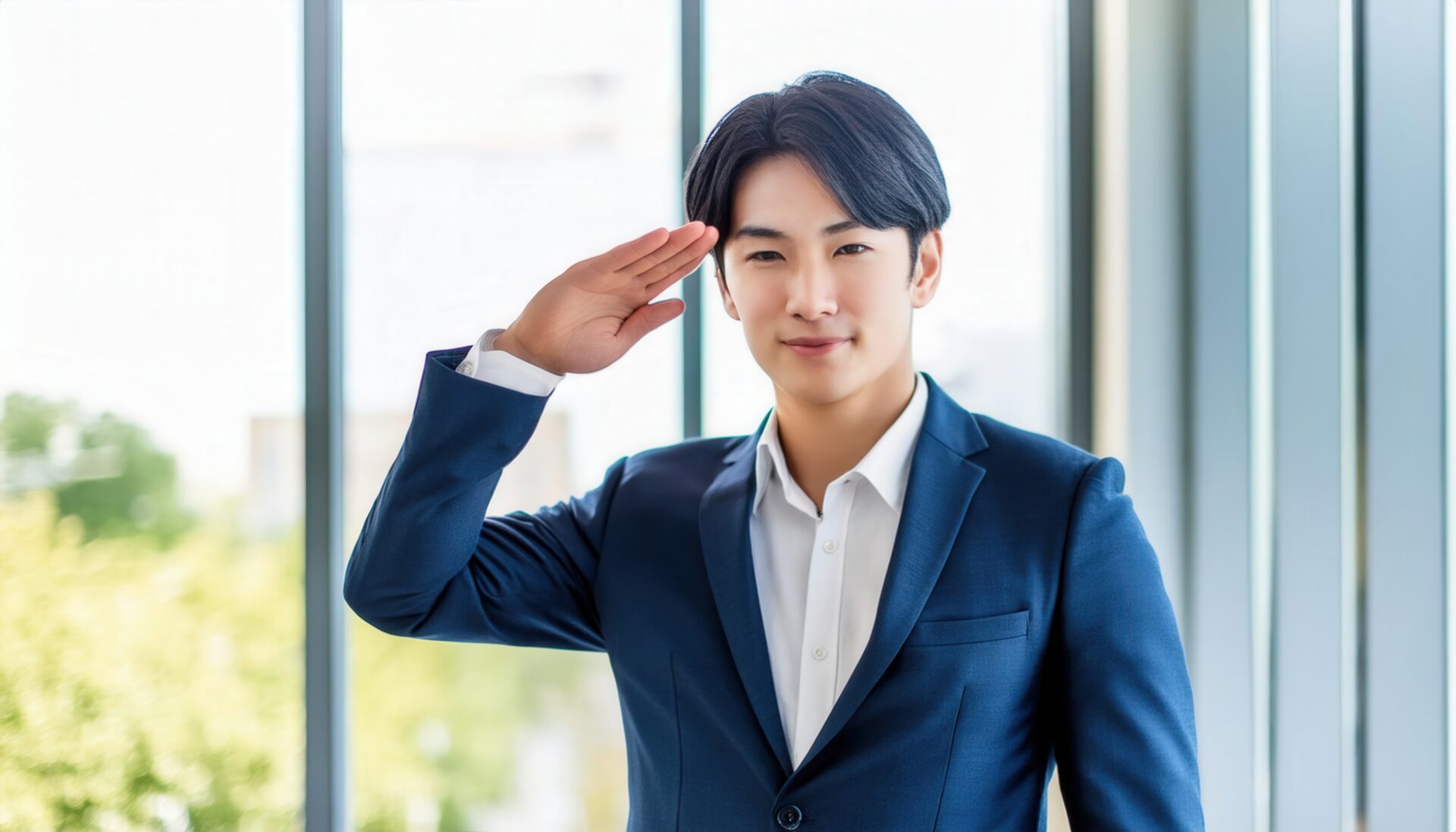 窓辺で敬礼するスーツ姿の人物