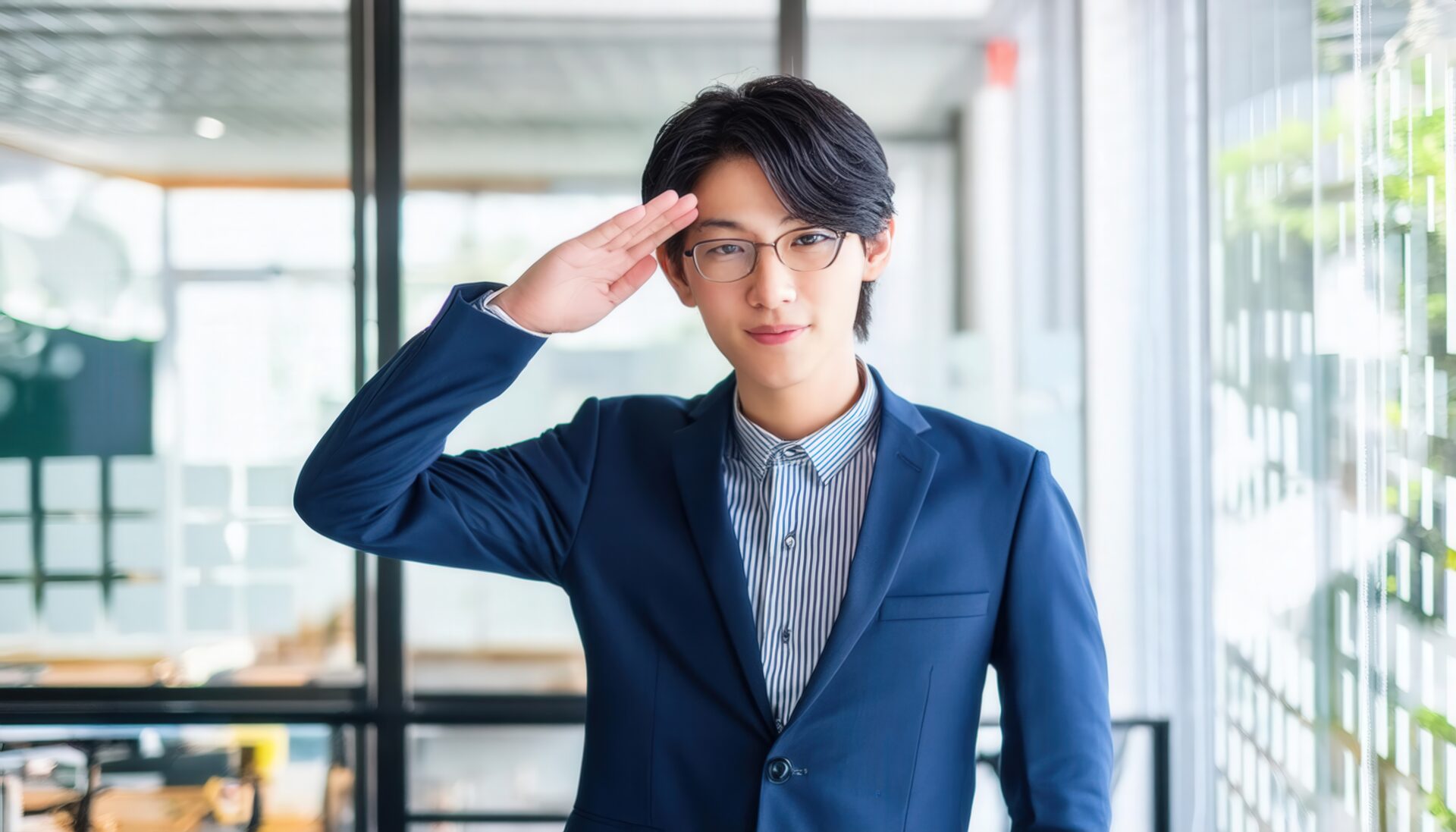 オフィスでメガネをかけ敬礼するビジネスパーソン