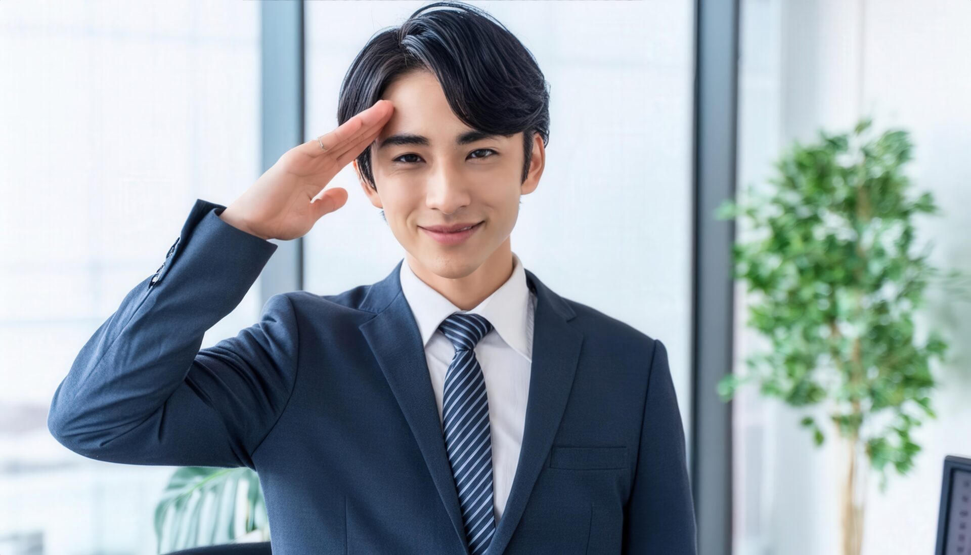 オフィスで敬礼ポーズをとるスーツ姿の人物