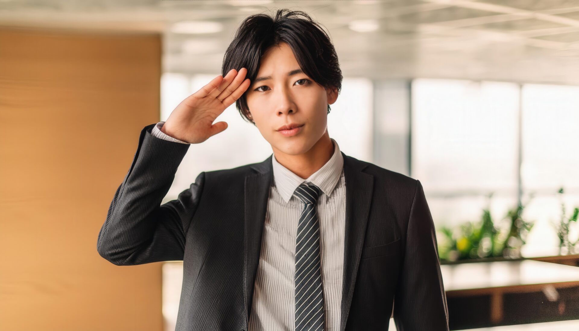 ビジネス空間で敬礼するスーツ姿の人物