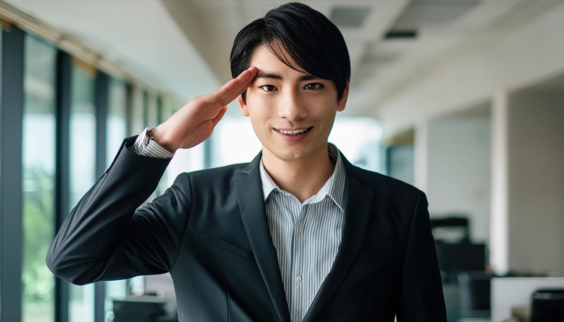 オフィスで敬礼ポーズをとるビジネスパーソン