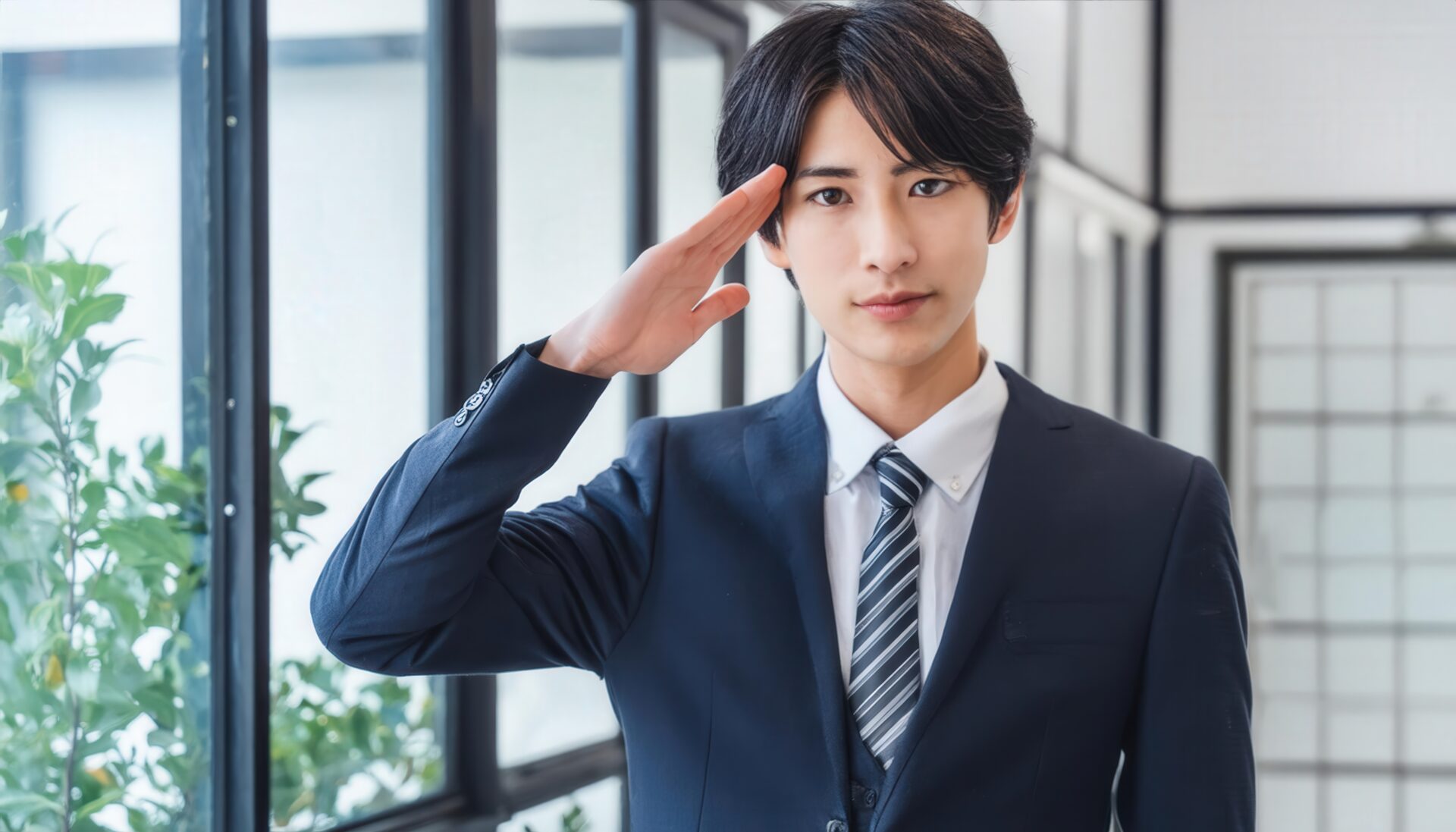 室内で敬礼するスーツ姿の人物