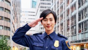 ビル街で敬礼ポーズをとる警察官
