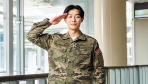 建物の通路で敬礼する軍人