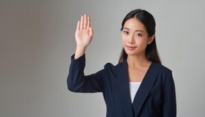 グレー背景で手を上げる人