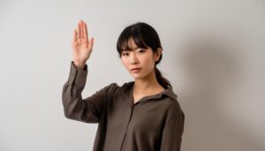 ブラウンのシャツで手を上げる人