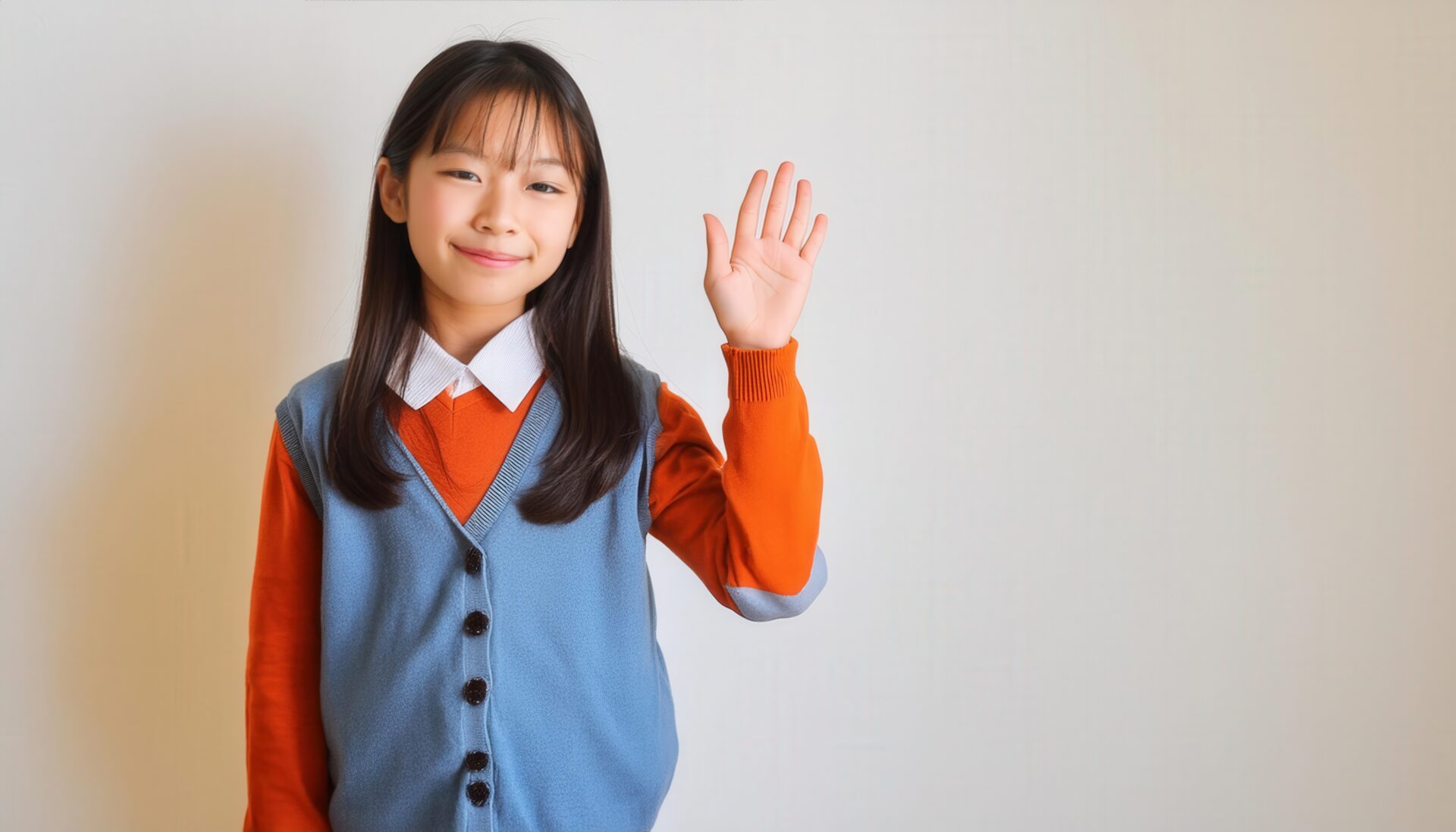 オレンジのトップスで手を上げる子