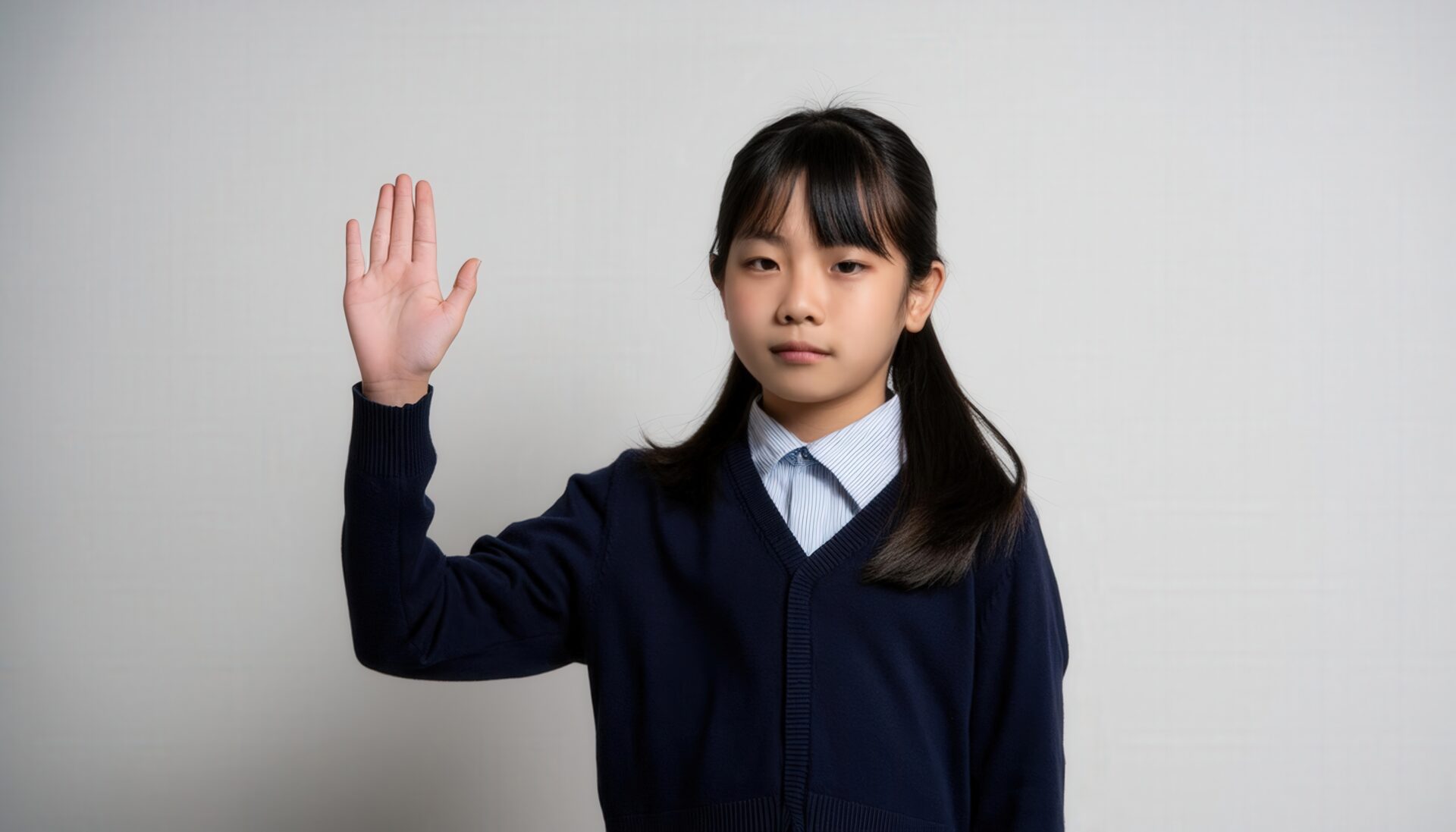 紺色カーディガンで手を上げる子