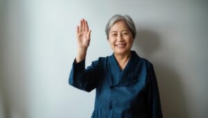 紺色のドット柄で手を上げる高齢者