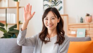 部屋の中で挙手する人