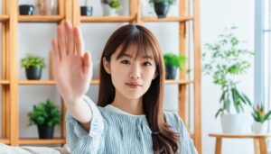 片手を前に差し出すように手を上げる人