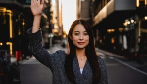 夕方の街中で手を上げる人