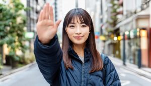 街中で片手を前に差し出す人