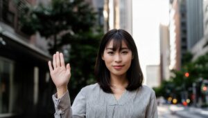 ストライプのシャツで街中で手を上げる人