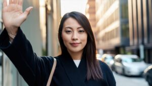 黒のコートで街中で手を上げる人