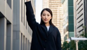 黒のコートで腕を上げる人